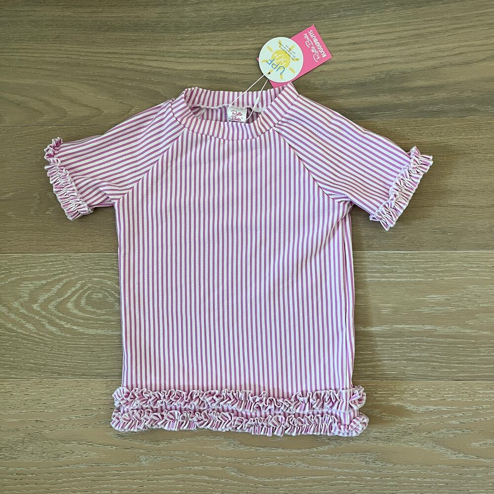 Ruffle Butts Orchid Pink White Striped Seersucker Rash Guard Swimsuit Top NWT